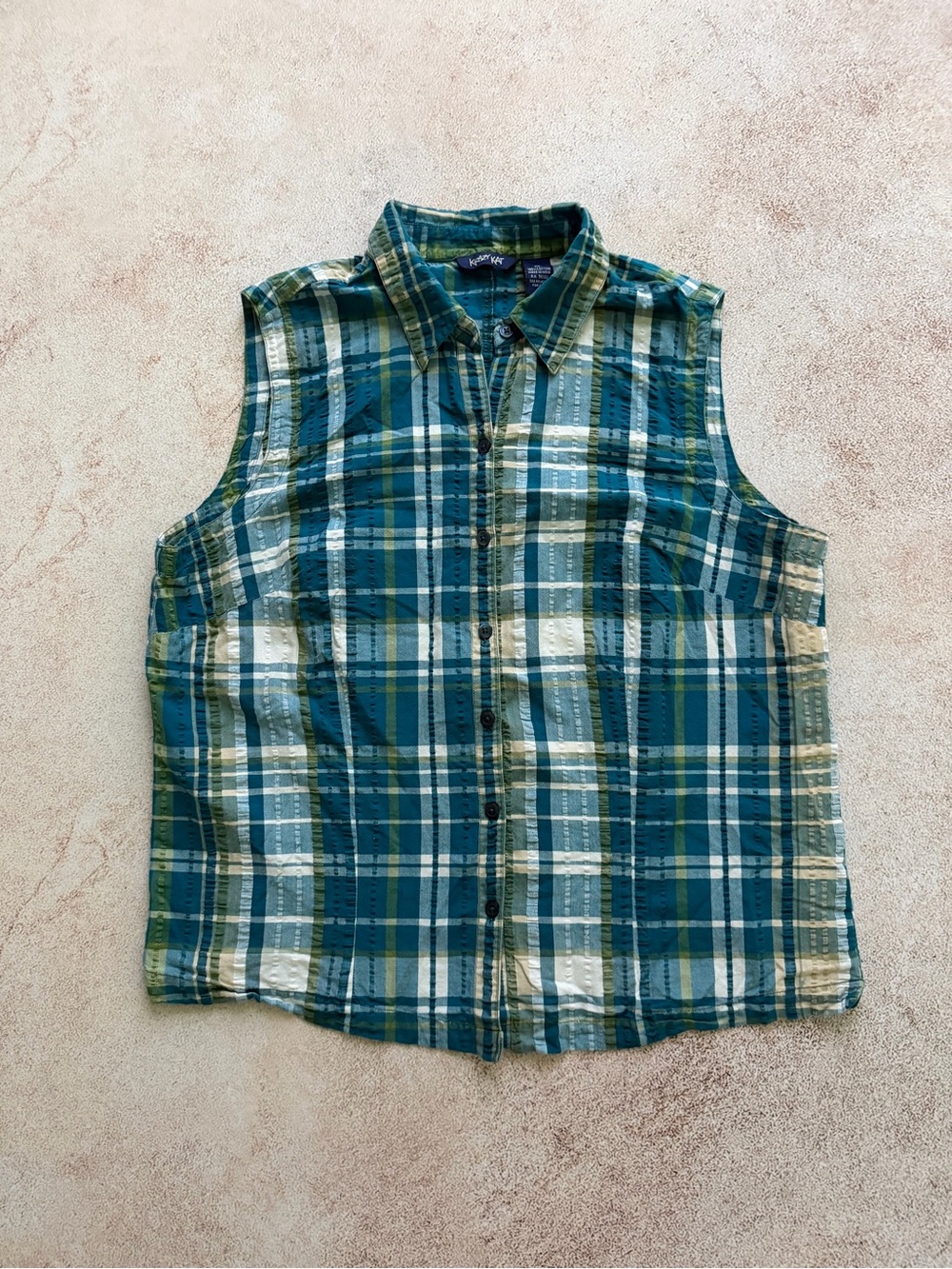 krazy kat Green and Blue Plaid Sleeveless Button-Down Shirt